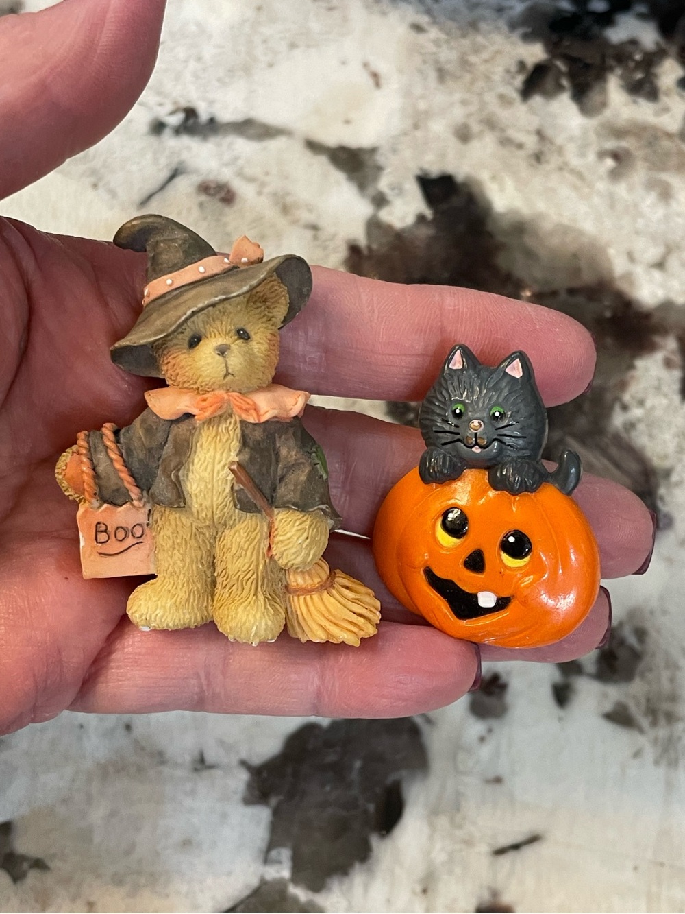 Cherish Teddies & Russ Cat in Pumpkin Halloween Pin Brooch Set of Two